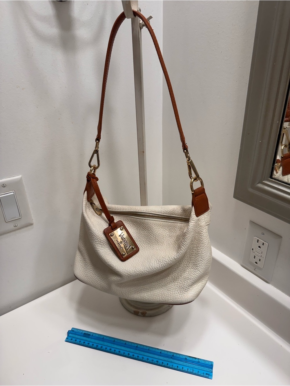Valentina White Pebbled Shoulder Bag with Brown Strap and Gold Hardware